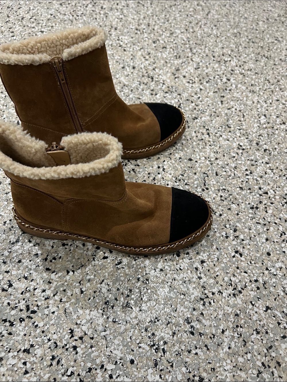 Vaneli Brown Suede Shearling-Lined Ankle Slippers with Black Cap Toe